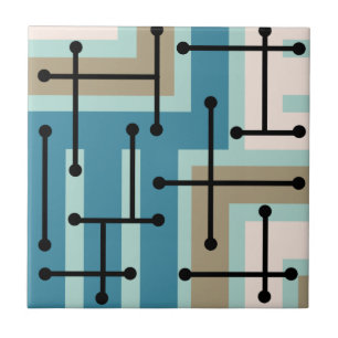 Retro Geometric Art Maze Turquoise Gold Ceramic Tile