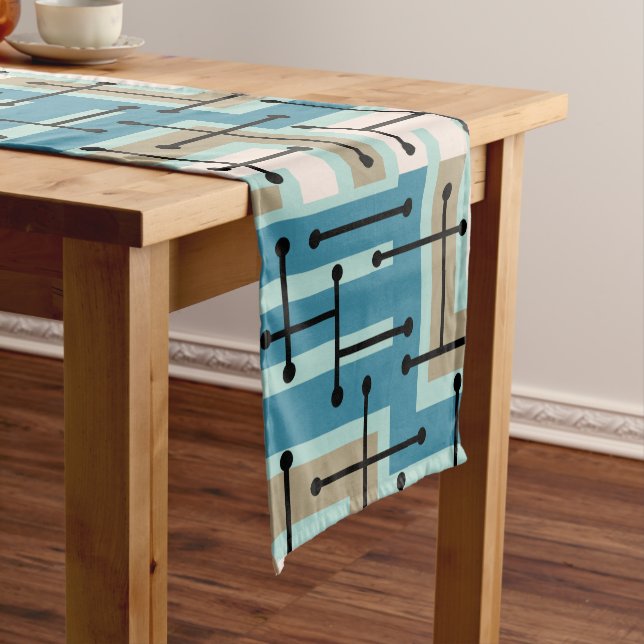 Retro Geometric Art Maze Turquoise Gold Short Table Runner (In Situ)