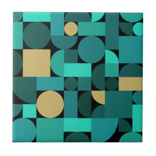 Retro Geometric Art Teal Gold Ceramic Tile