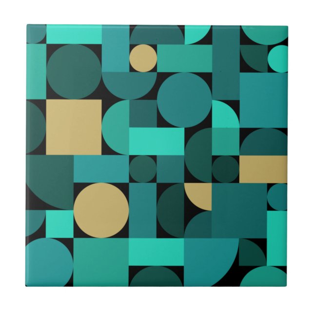 Retro Geometric Art Teal Gold Ceramic Tile (Front)