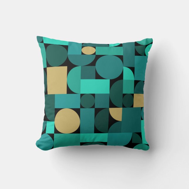 Retro Geometric Art Teal Gold Cushion (Front)