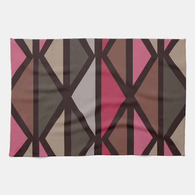 Retro Geometric Art Triangles Black Red Brown Tea Towel (Horizontal)