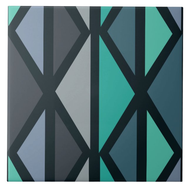 Retro Geometric Art Triangles Black Teal Ceramic Tile (Front)