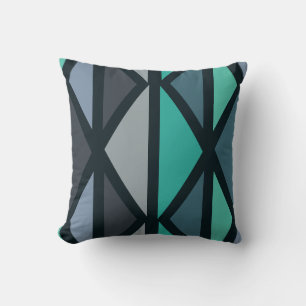Retro Geometric Art Triangles Black Teal Cushion