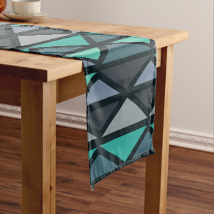 Retro Geometric Art Triangles Black Teal Short Table Runner