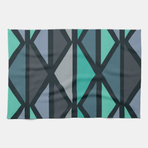 Retro Geometric Art Triangles Black Teal Tea Towel