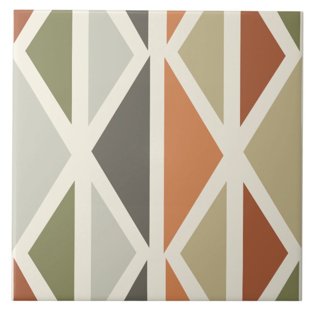 Retro Geometric Art Triangles Green Orange Ceramic Tile (Front)