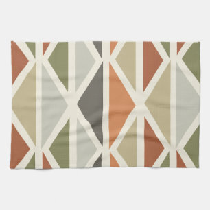 Retro Geometric Art Triangles Green Orange Tea Towel