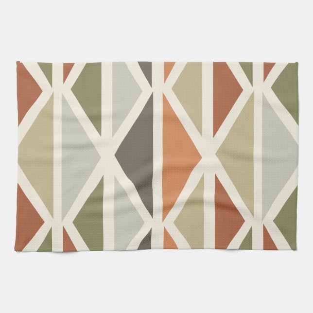 Retro Geometric Art Triangles Green Orange Tea Towel (Horizontal)