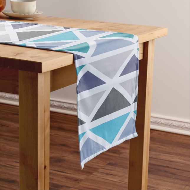 Retro Geometric Art Triangles Turquoise Grey Short Table Runner (In Situ)