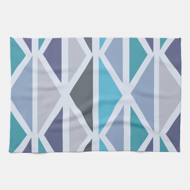 Retro Geometric Art Triangles Turquoise Grey Tea Towel (Horizontal)