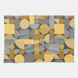 Retro Geometric Art Yellow Grey Tea Towel