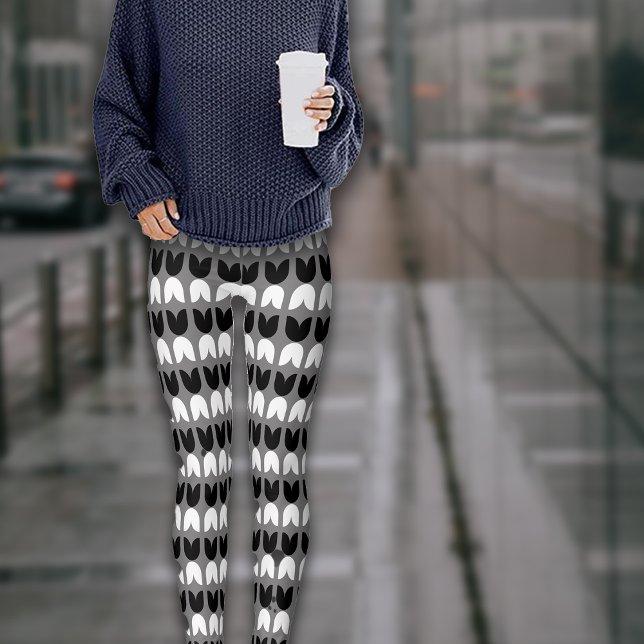 Retro Geometric Black Grey Tulips Pattern  Leggings (Creator Uploaded)
