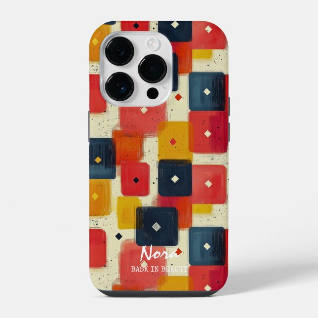 Retro Geometric Blocks with Custom Name & Message iPhone Case (Back)