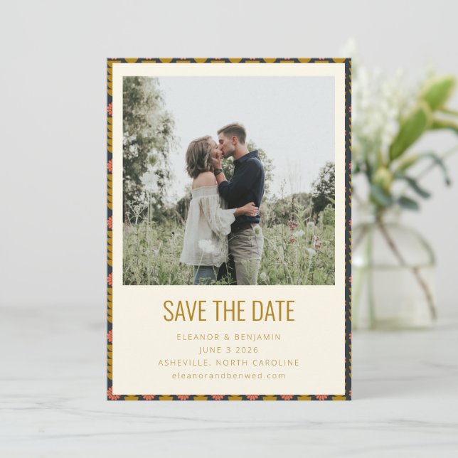 Retro Geometric Botanical Gold Navy Wedding  Save The Date (Standing Front)
