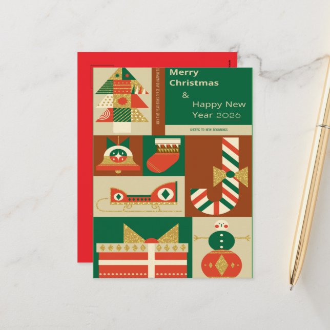 Retro Geometric Christmas Greeting Card – Festive. (Front/Back In Situ)