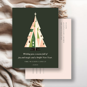 Retro Geometric Christmas Tree Blush Forest Green Holiday Postcard