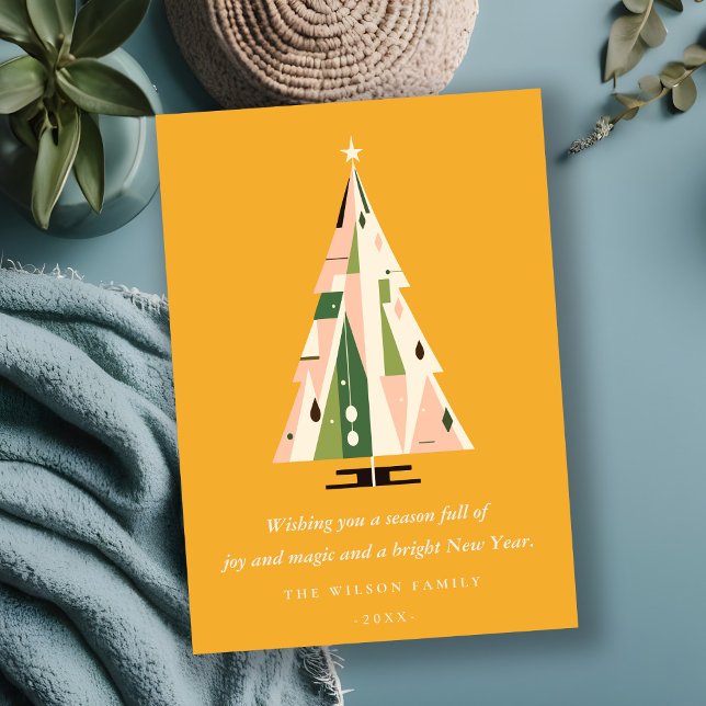 Retro Geometric Christmas Tree Blush Green Mustard Holiday Card (Creator Uploaded)