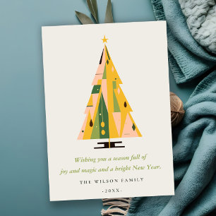 Retro Geometric Christmas Tree Blush Green Mustard Holiday Card