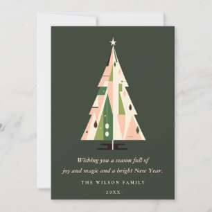 Retro Geometric Christmas Tree Blush Green Rust Holiday Card