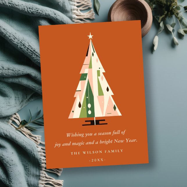 Retro Geometric Christmas Tree Blush Green Rust Holiday Card (Creator Uploaded)