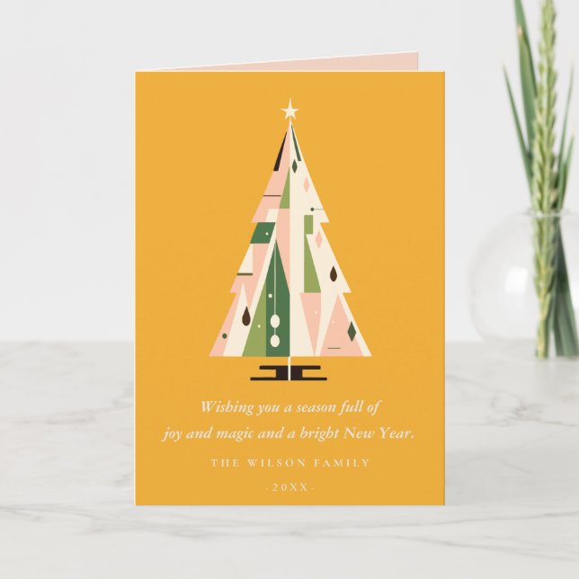Retro Geometric Christmas Tree Yellow Forest Green Holiday Card (Front)