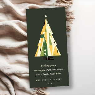 Retro Geometric Christmas Tree Yellow Forest Green Holiday Card