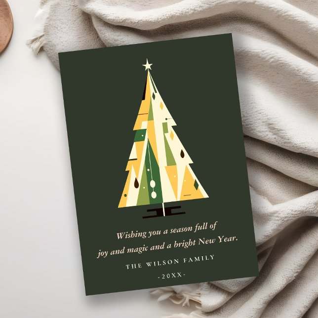 Retro Geometric Christmas Tree Yellow Forest Green Holiday Card (Creator Uploaded)