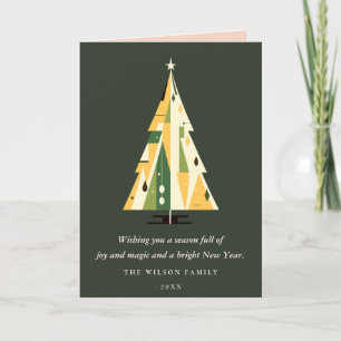Retro Geometric Christmas Tree Yellow Forest Green Holiday Card