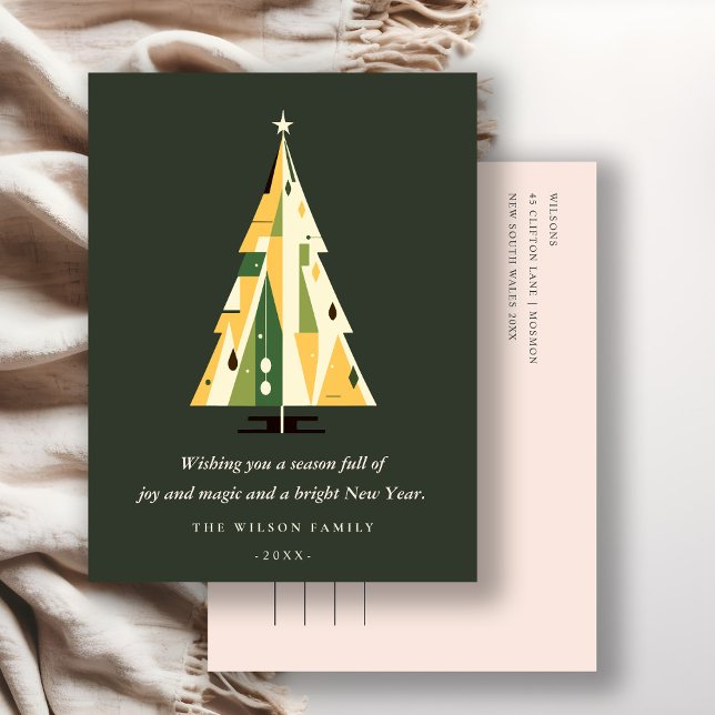 Retro Geometric Christmas Tree Yellow Forest Green Holiday Postcard (Creator Uploaded)