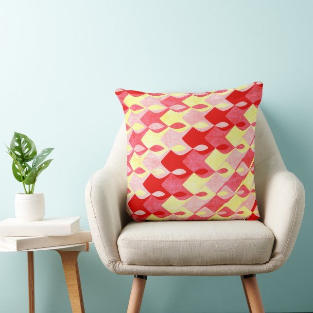 Retro Geometric Diamond Pattern Red, Pink & Yellow Cushion (Chair)