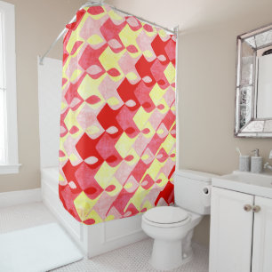 Retro Geometric Diamond Pattern Red, Pink & Yellow Shower Curtain