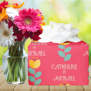 Retro Geometric Floral And Typography Pink Wedding Wrapping Paper