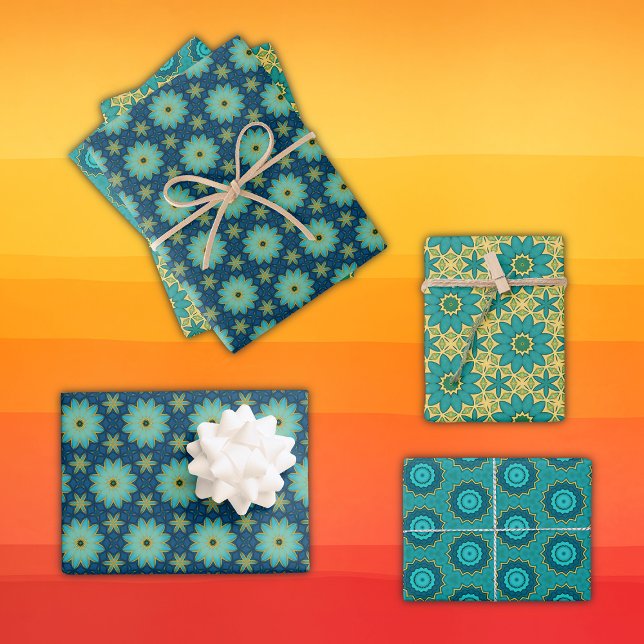 Retro Geometric Flowers Bright Yellow Blue, Teal Wrapping Paper Sheet (Creator Uploaded)