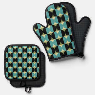 Retro Geometric Half Square and Circle Pattern Oven Mitt & Pot Holder Set