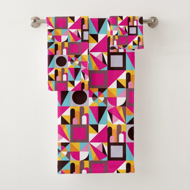 Retro Geometric Hot Pink Black Pattern Design Bath Towel Set (Insitu)