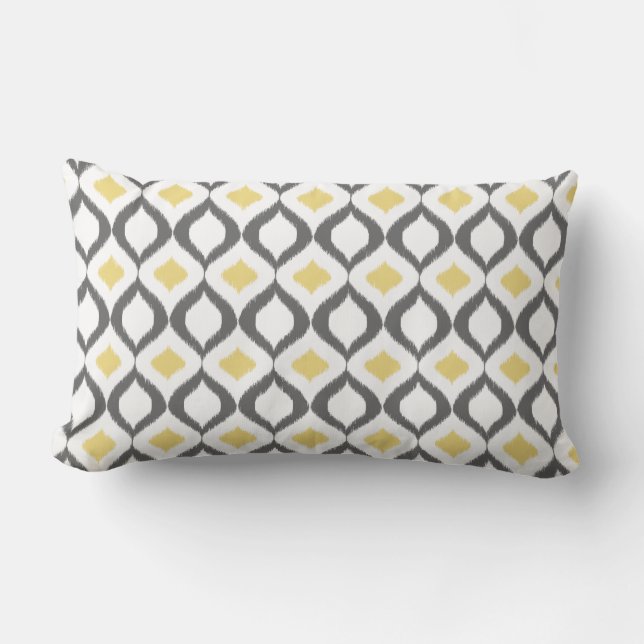 Retro Geometric Ikat Yellow Grey Pattern Lumbar Cushion (Front)