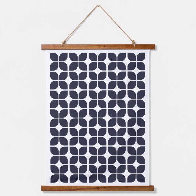 Retro Geometric Leaf Pattern Navy Blue Hanging Tapestry (Front)