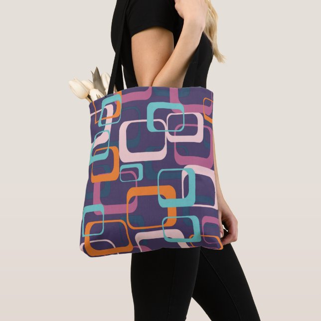 Retro Geometric Mid Century Shapes Art Purple Tote Bag (Close Up)