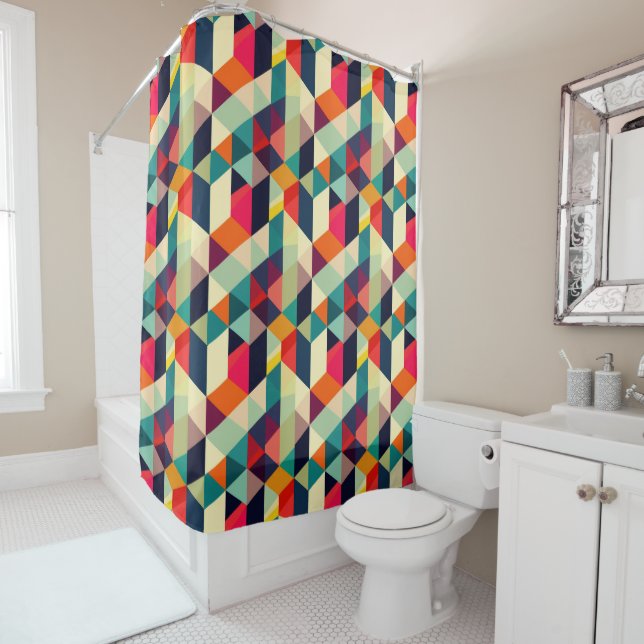 Retro Geometric Pattern 3D Mid Century Modern  Shower Curtain (In Situ)