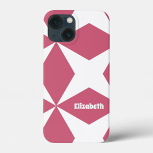 Retro Geometric Pattern Custom Name Pink & White iPhone 13 Mini Case