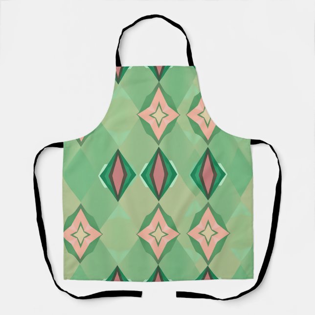 Retro Geometric Pattern Green Pink Diamond Star Apron (Front)
