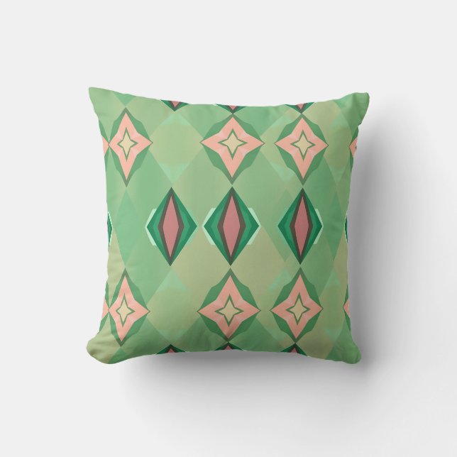 Retro Geometric Pattern Green Pink Diamond Star Cushion (Front)