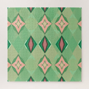 Retro Geometric Pattern Green Pink Diamond Star Jigsaw Puzzle