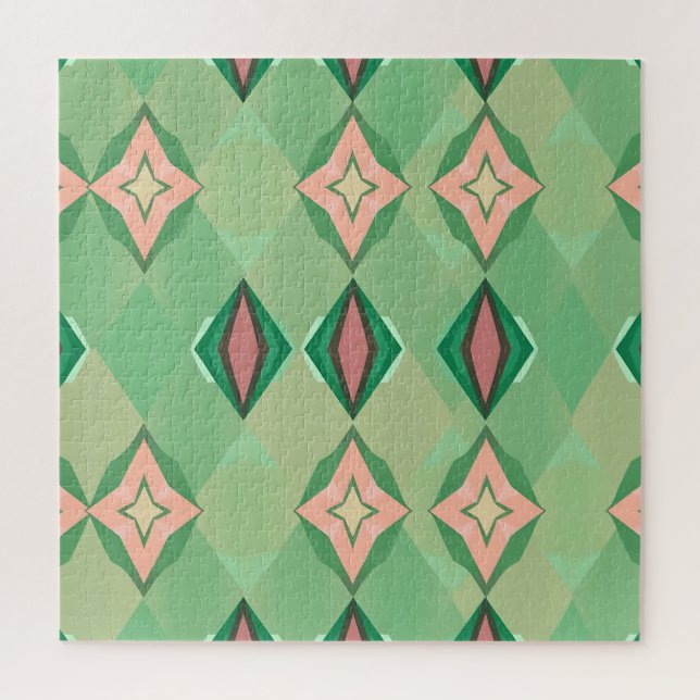 Retro Geometric Pattern Green Pink Diamond Star Jigsaw Puzzle (Vertical)
