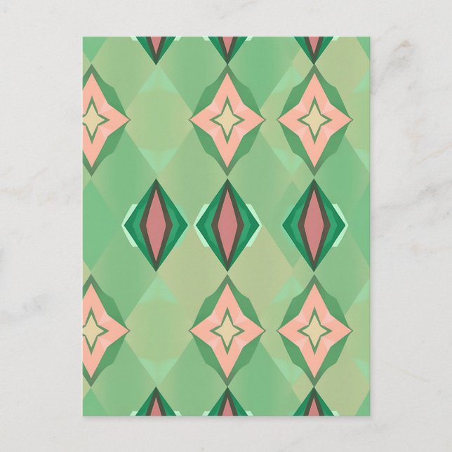 Retro Geometric Pattern Green Pink Diamond Star Postcard (Front)