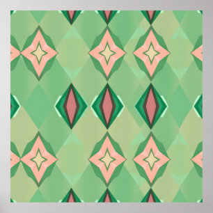 Retro Geometric Pattern Green Pink Diamond Star Poster
