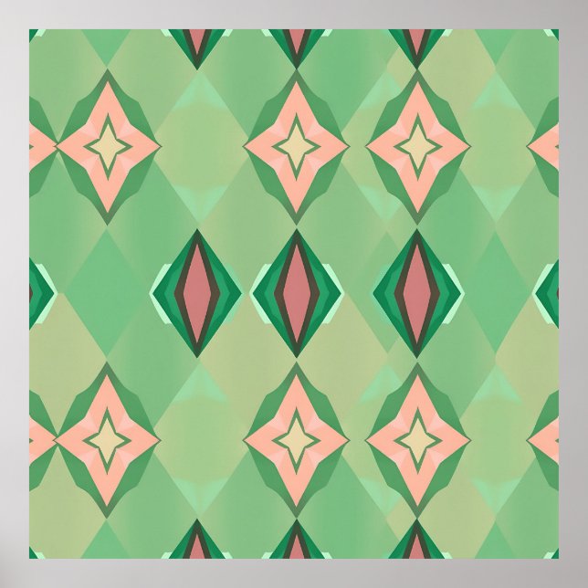 Retro Geometric Pattern Green Pink Diamond Star Poster (Front)