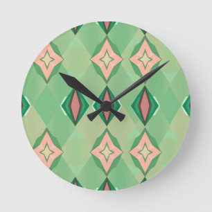 Retro Geometric Pattern Green Pink Diamond Star Round Clock