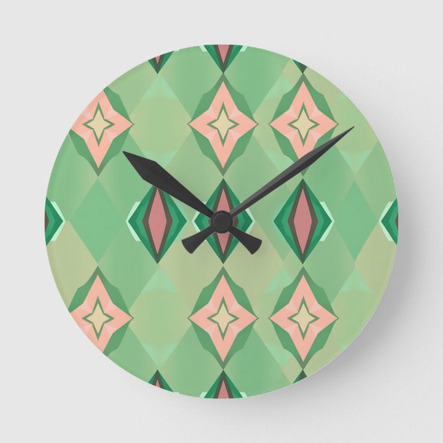 Retro Geometric Pattern Green Pink Diamond Star Round Clock (Front)